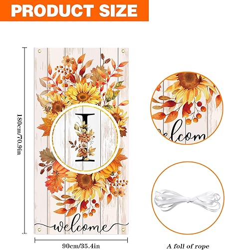 Miniatura 4 de SENSEVEN Bandera con monograma de letra I para puerta, gran cubierta de puerta con letra inicial de girasol de Acción de Gracias, apellido familiar,