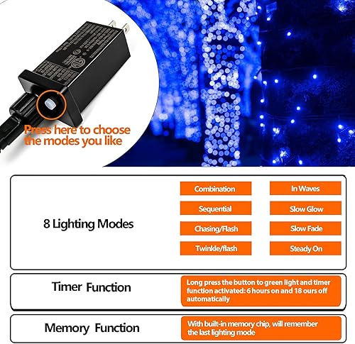 Vista 8 de Guirnalda de luces de Halloween extensible de 200 LED de color azul, extralarga de 82 pies, para interiores y exteriores, 8 modos de iluminación