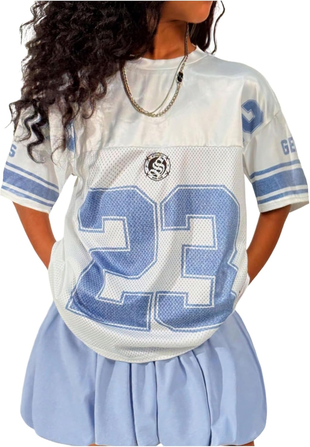 SweatyRocks Girl's Number Graphic Jersey Shirts Y2k Crewneck Oversized T Shirts Streetwear