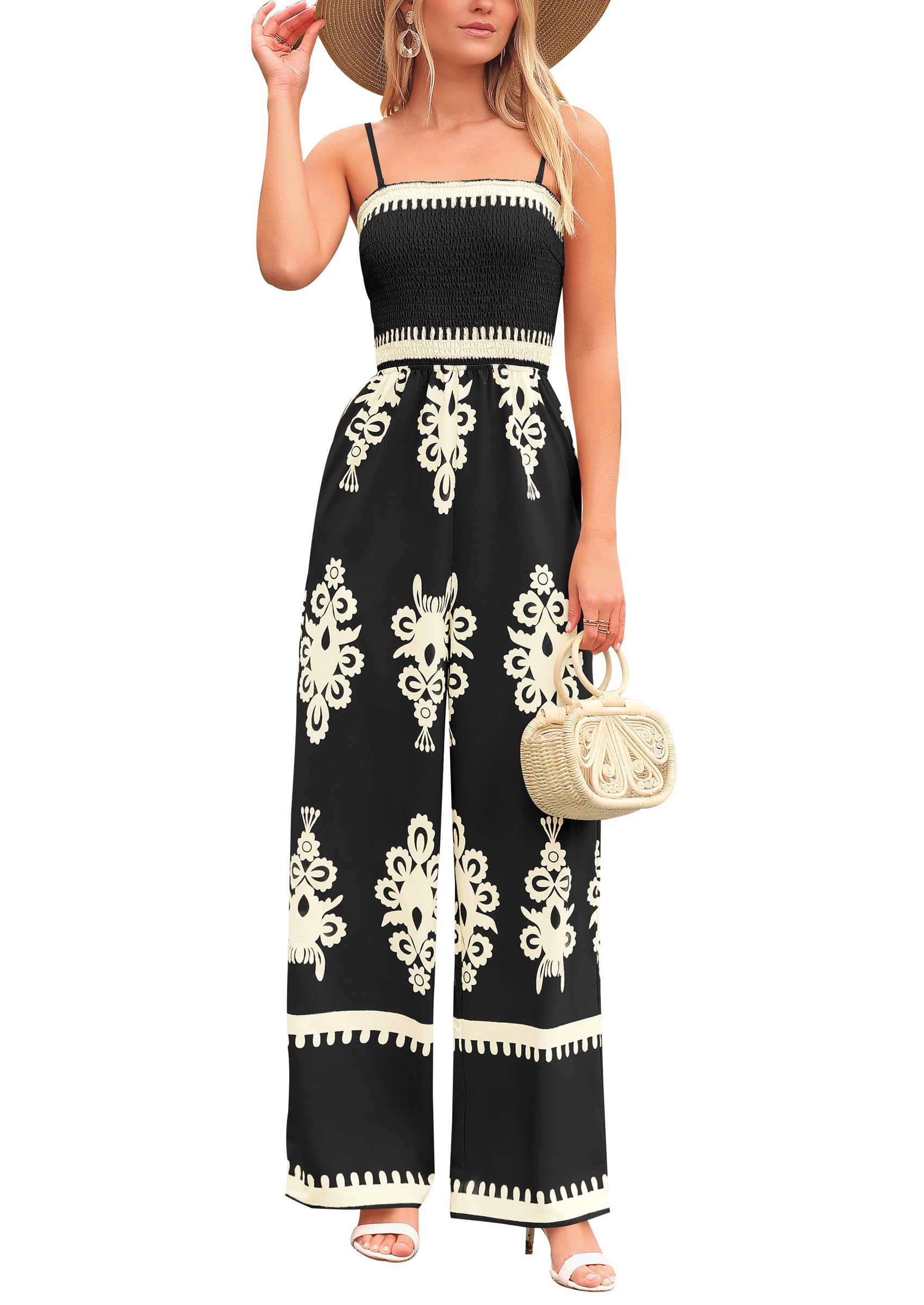 PRETTYGARDENWomen's Summer Boho Jumpsuits One Piece Beach Vacation Outfits Spaghetti Strap Wide Leg Pants Rompers