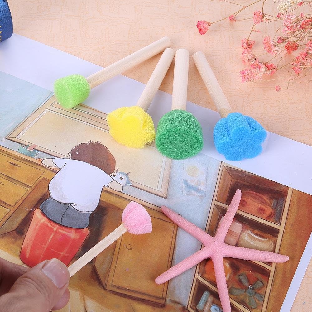 Ruwado 10 Pcs Foam Sponge Brush with Wooden Handle Round Flower Multi Size Painting Tools for Kids Children DIY Acrylic Watercolor Varnishes Art Craft Painting