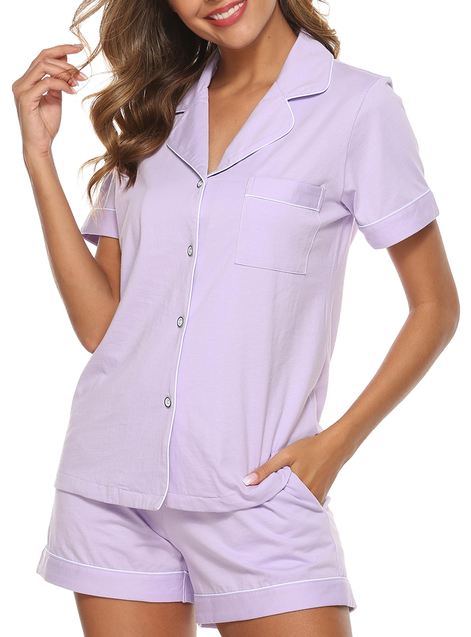 EA'S SECRET 100% Baumwolle Damen Pyjama Sommer V-Ausschnitt Button Schlafanzug Damen Kurz 2-teiliges mit Taschen S-XXL