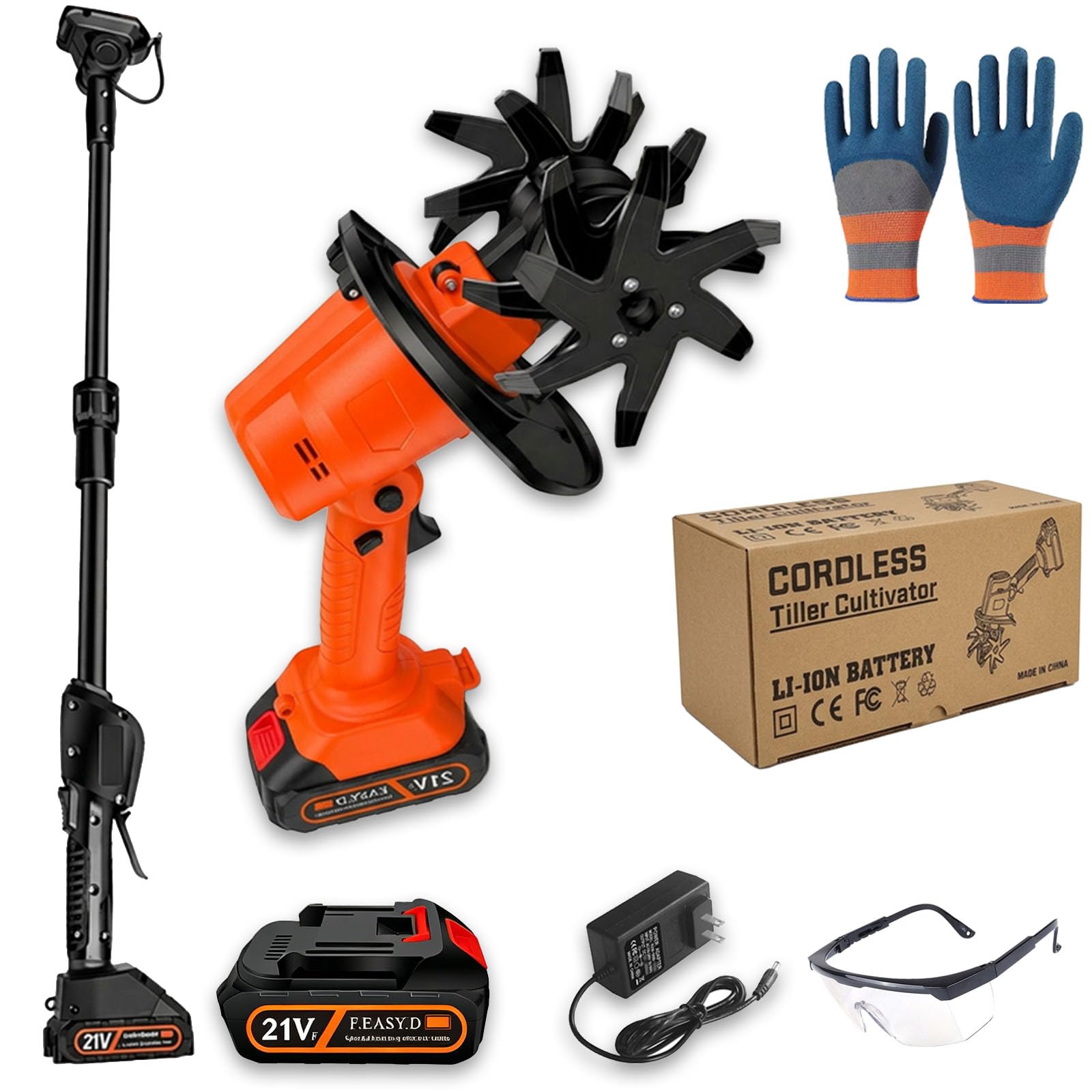 24/21V 2-in-1 Cordless Tiller & Cultivator with Extension Pole, 4 * 65 Mn steel high-strength blade, 235RPM Electric Garden Rototiller, for Garden Tillage and Weeding (Orange 1 * 21V+Rod)