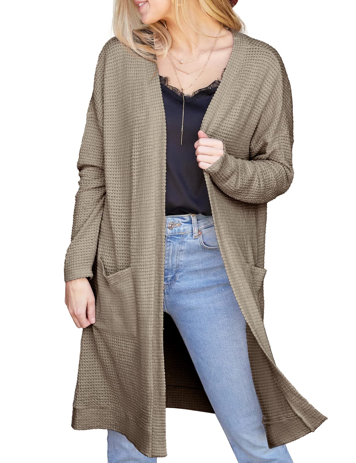 DOUBLJU Womens Open Front Cardigan with Pockets Oversized Long Sleeve Lightweight Coat Sweater