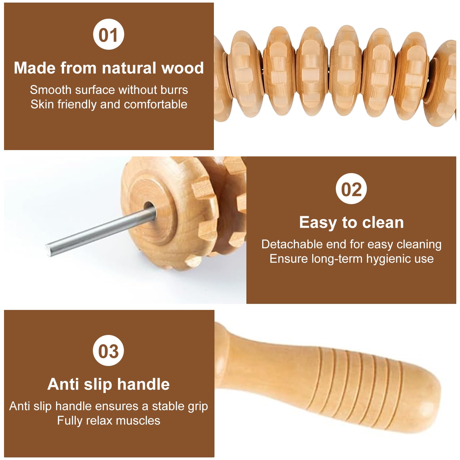 3 PCS Rodillo Masajeador de Madera, Rodillo de Madera para Espalda, Cuello, Piernas, Relaja los Músculos y Alivia la Fatiga, Apto para uso Doméstico, Viajes y Oficina