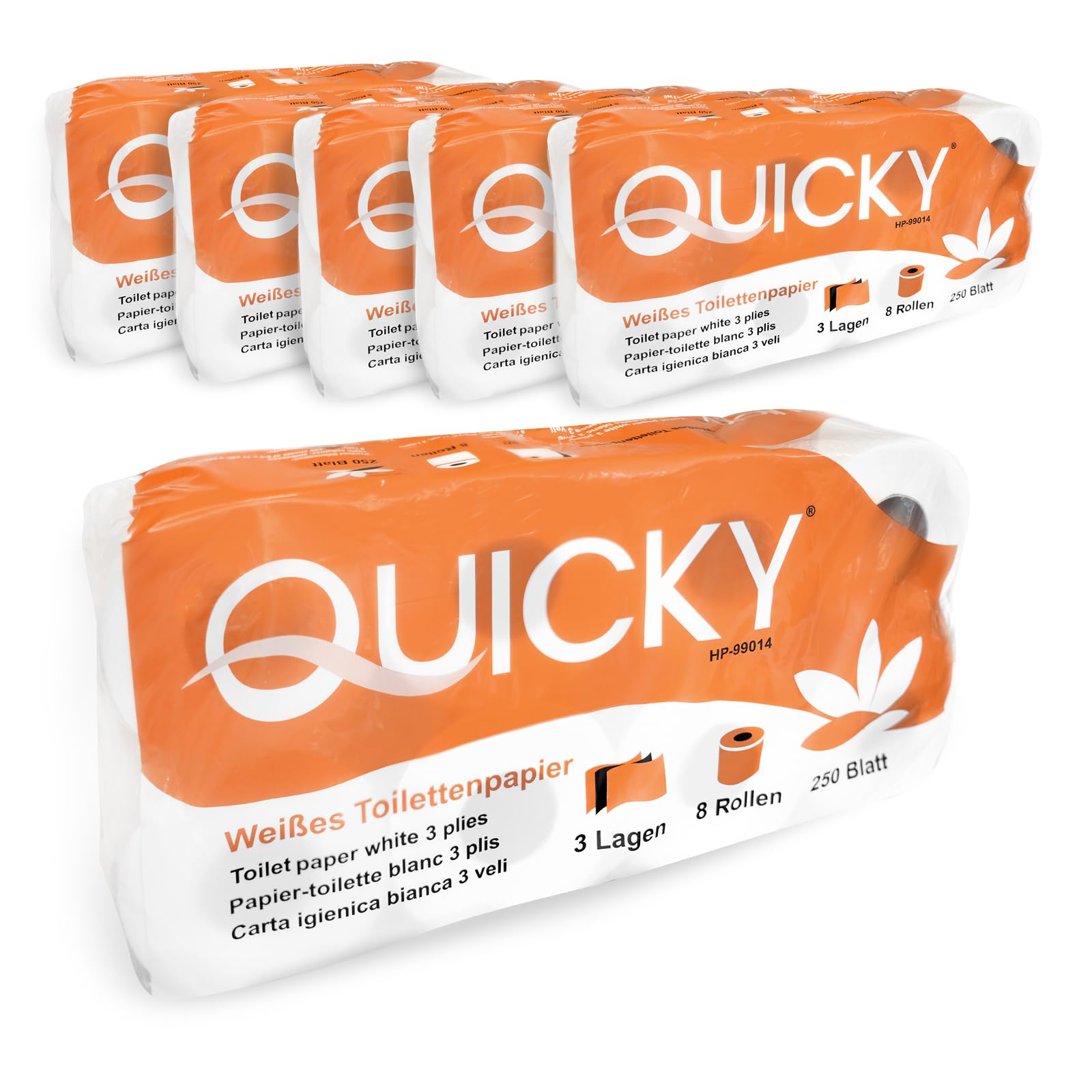 Quicky Papier toaletowy z wytłoczonym motywem, 48 rolek papieru toaletowego, opakowanie na zapasy, bardzo miękki i odporny na rozerwanie, wykonany z wysokiej jakości super białej celulozy, 3-warstwowy, 250 arkuszy (6 x 8 rolek)