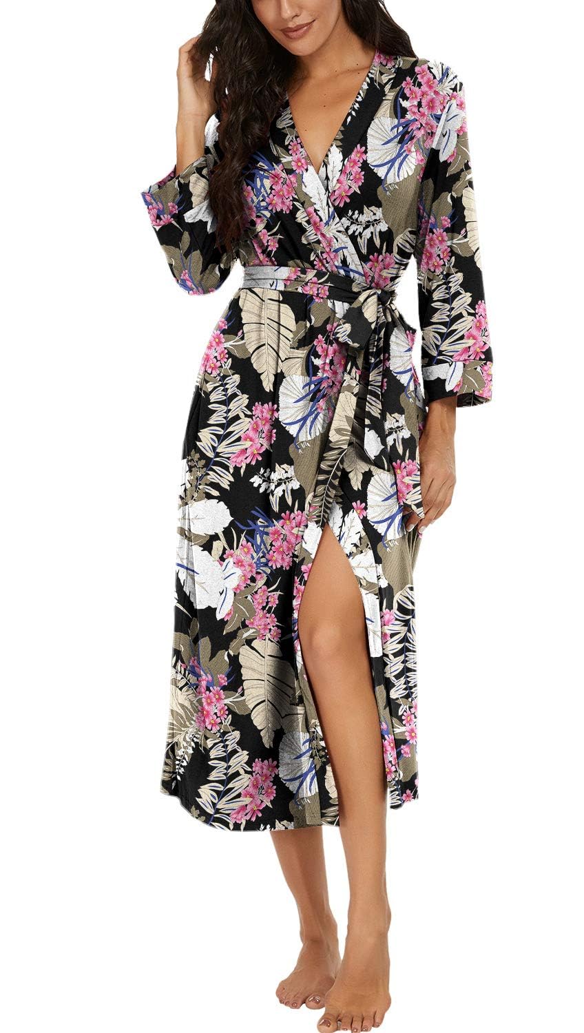 PrinStory Women Long/Short Bathrobe Knit Kimono Robes Soft Womens Dressing Gowns Casual Ladies Loungewear — view 13