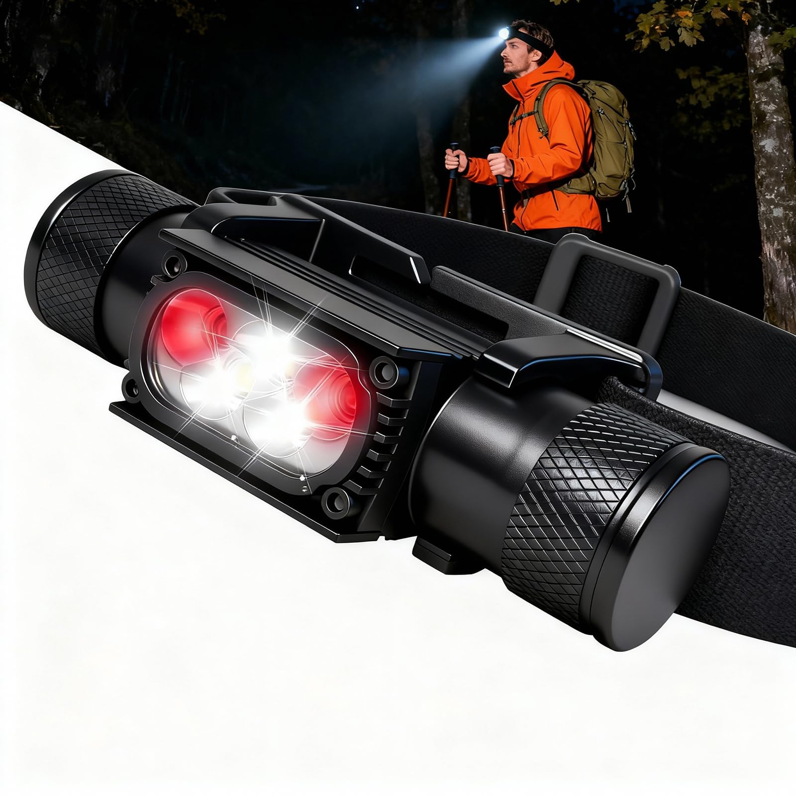 Lampe frontale LED rechargeable – 1600 lumens super lumineuse rechargeable par USB – Lampe frontale étanche IP65 avec 6 modes pour randonnée, camping, pêche (H35pro-Blanc et rouge)