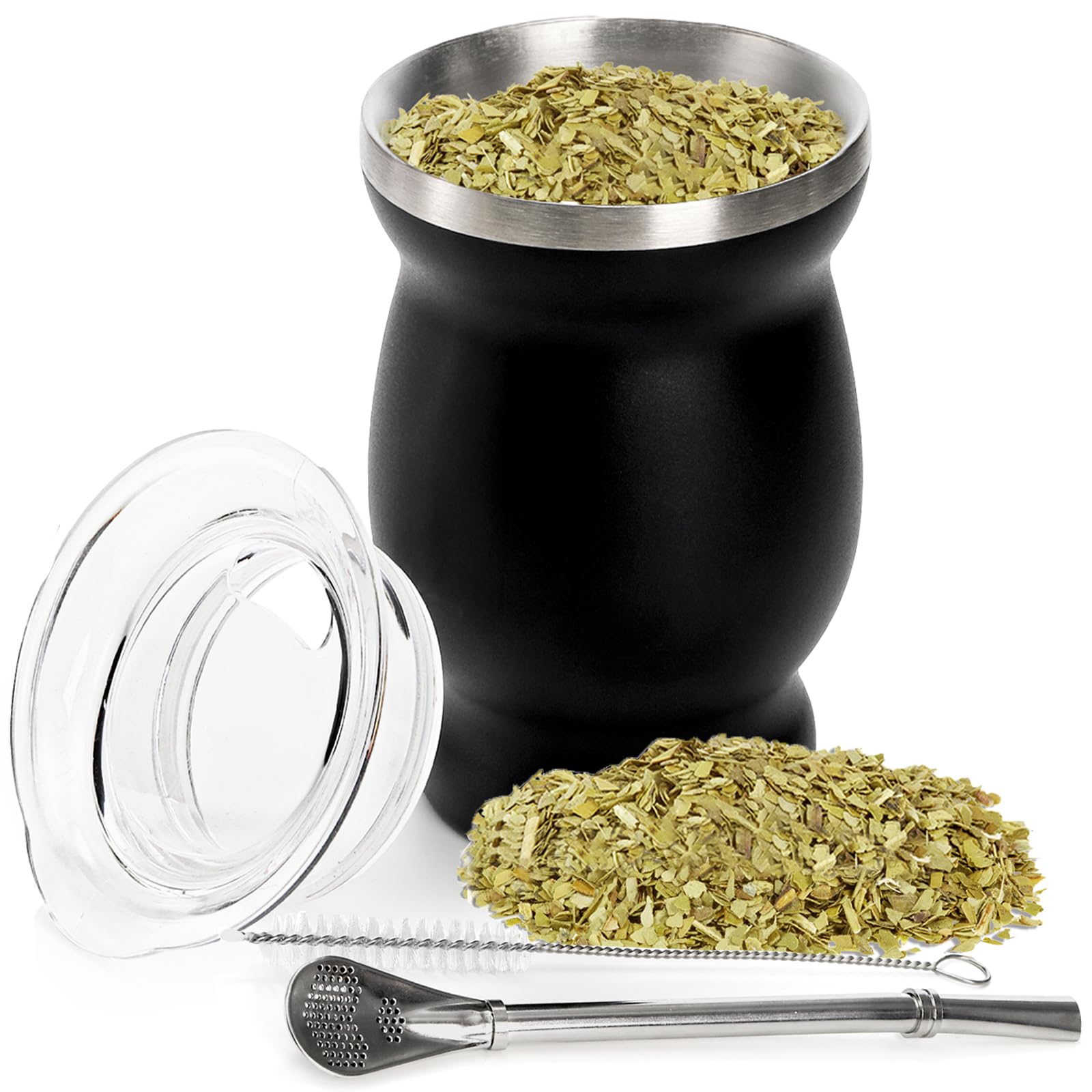 Cididu Yerba Mate Cup and Bombilla Kit, 8oz Yerba Mate Gourd, Double Walled Tea Cup Set, 304 Stainless Steel Traditional Mate Cups, Insulated Gourd Cup with Straw Lid and Cleaning Brush, Easy to Clean