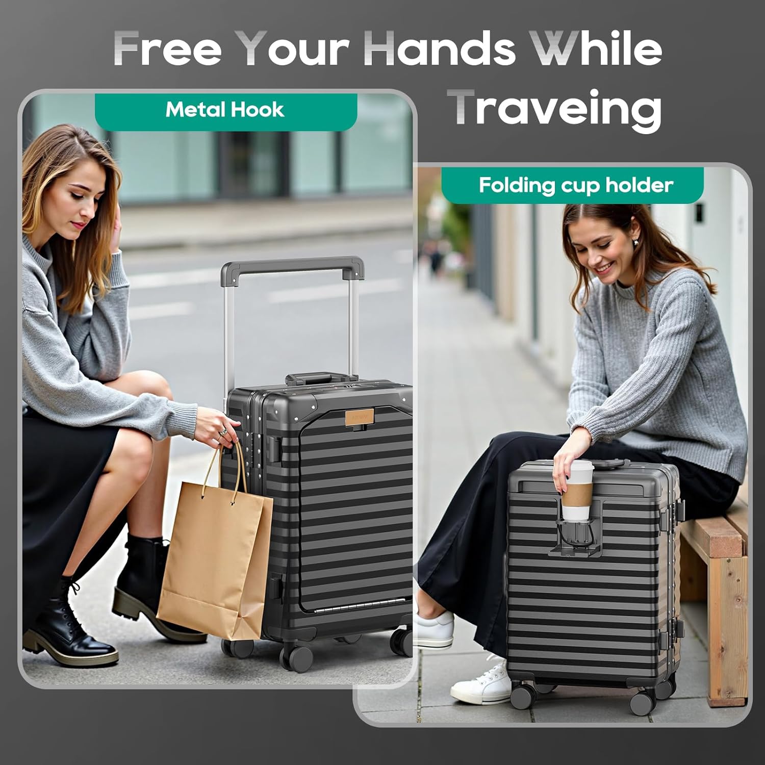 Joyway 20 Inch Carry on Luggage with Aluminium Frame and Front Pocket, PC Hardshell Suitcase with USB Port and Cup Holder, 21.5x14.2x9 Airline Approved, Luggage with Spinner Wheels and TSA Lock (Grey) - Image 4