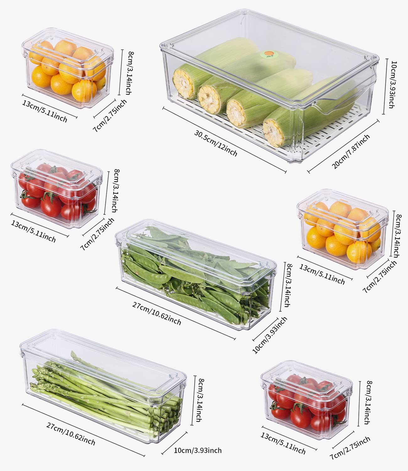 Set di 7 Contenitori per Frigorifero, Organizzatori per Dispensa, Cestini, Trasparente, Organizer con Maniglia per Cucina, Armadietti,Bagno