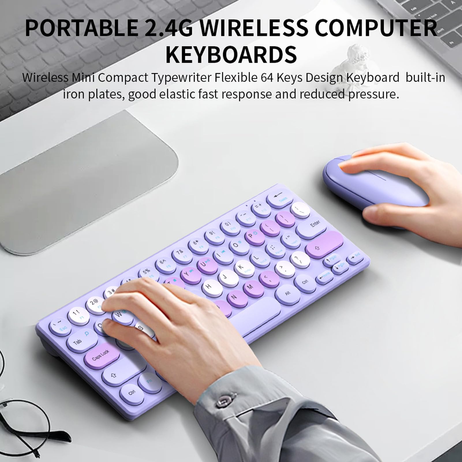 XUMIUZIY Bezprzewodowa Kombinacja Klawiatury i Myszy, Automatyczne Uśpienie Retro 64 Klawiszy, Klawiatura 1200 Dpi Mysz z Odbiornikiem, Połączenie Bezprzewodowe 2,4 GHz, Kompatybilna z (fioletowy)