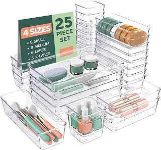 GOPINATHJI 25 Pcs Clear Plastic Drawer Organizers Set – 4-Size Versatile Storage Trays for Bathroom, Vanity, Makeup, Kitch... Price In India
