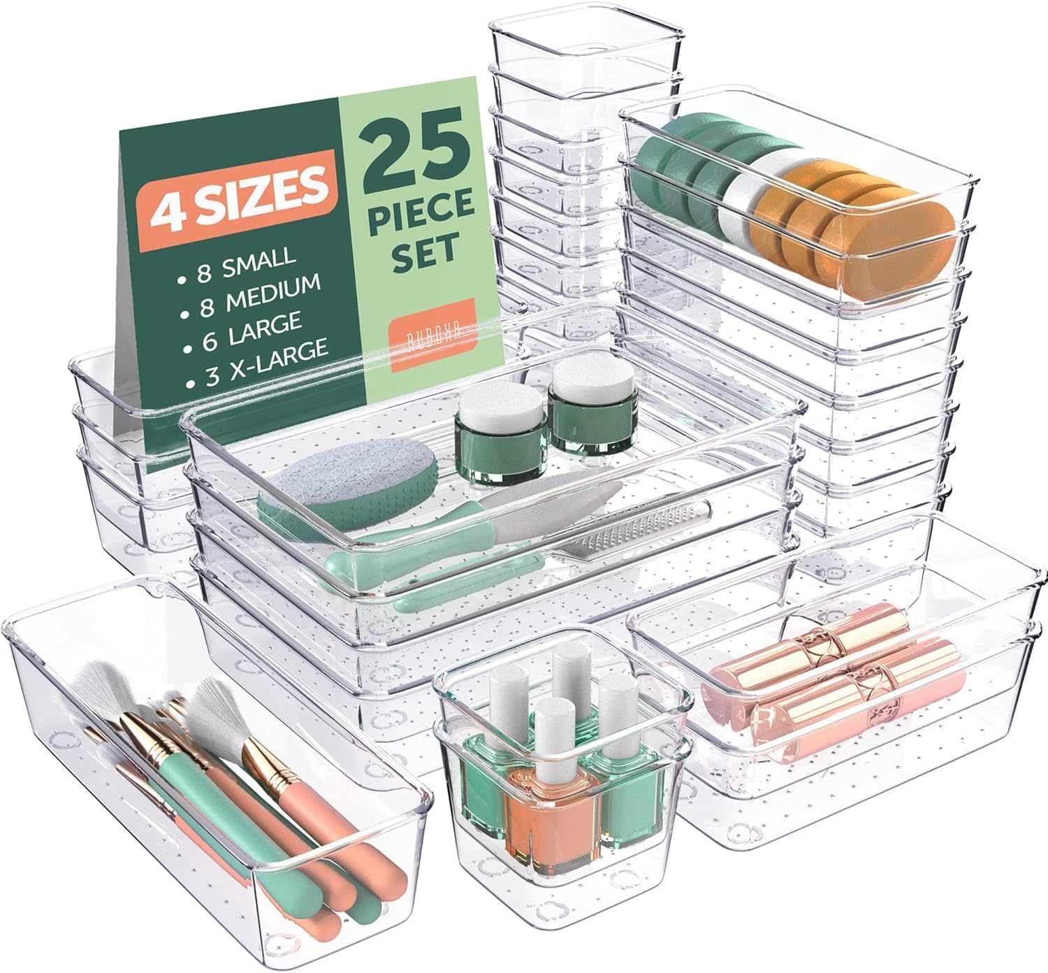 GOPINATHJI 25 Pcs Clear Plastic Drawer Organizers Set – 4-Size Versatile Storage Trays for Bathroom, Vanity, Makeup, Kitch...