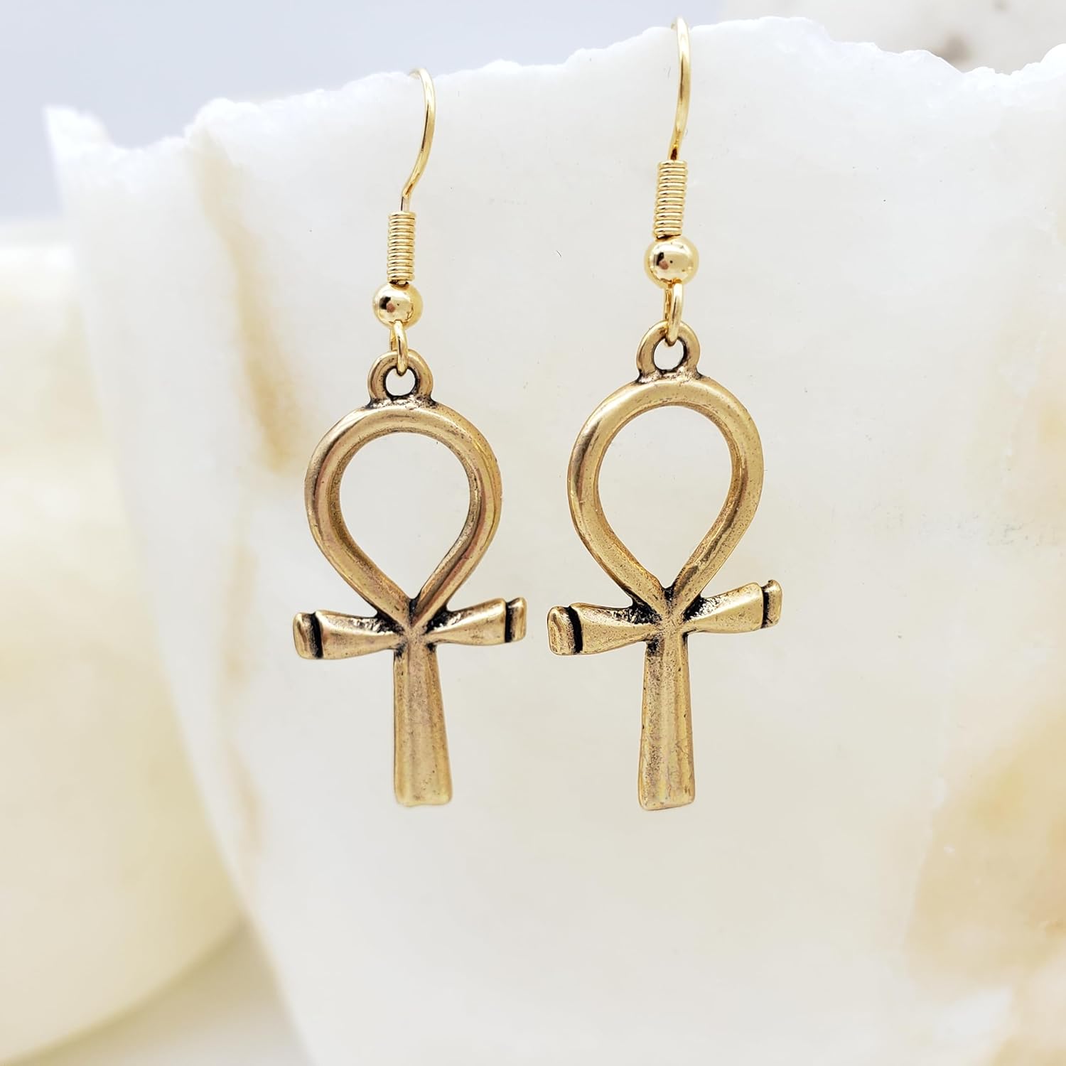 Egyptian Ankh Earrings - Antique Gold-Plated Finish - Made in the USA