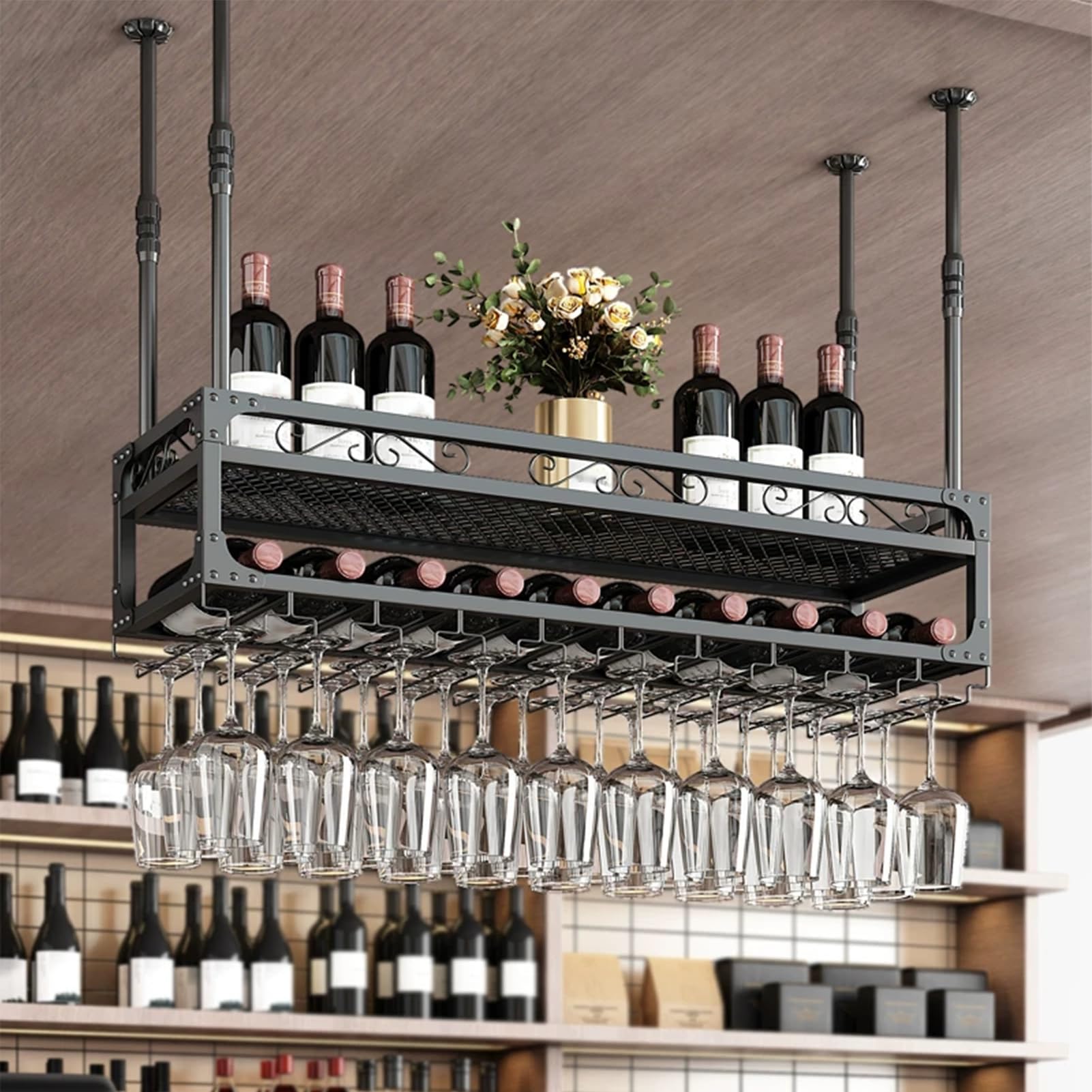 MARXAN Casier à vin Rangement Suspendu Multicouche pour Bar, Support Industriel monté au Plafond pour Le Stockage de Verres à Vin et de Bouteilles de Cuisine de Restaurant
