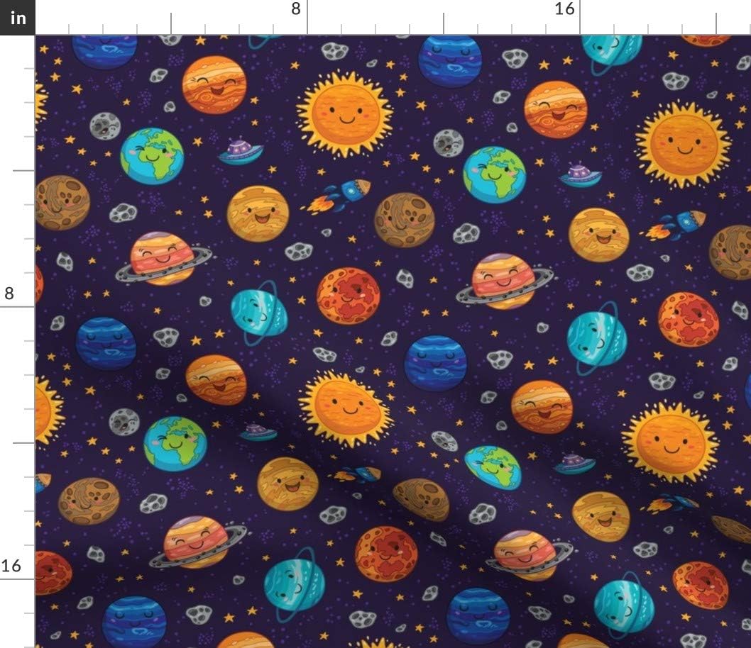 Spoonflower Fabric - Happy Space Big Scale Planet Galaxy Star Comic Sun Kids Illustration Printed on Petal Signature Cotton Fabric Fat Quarter - Sewing Quilting Apparel Crafts Decor