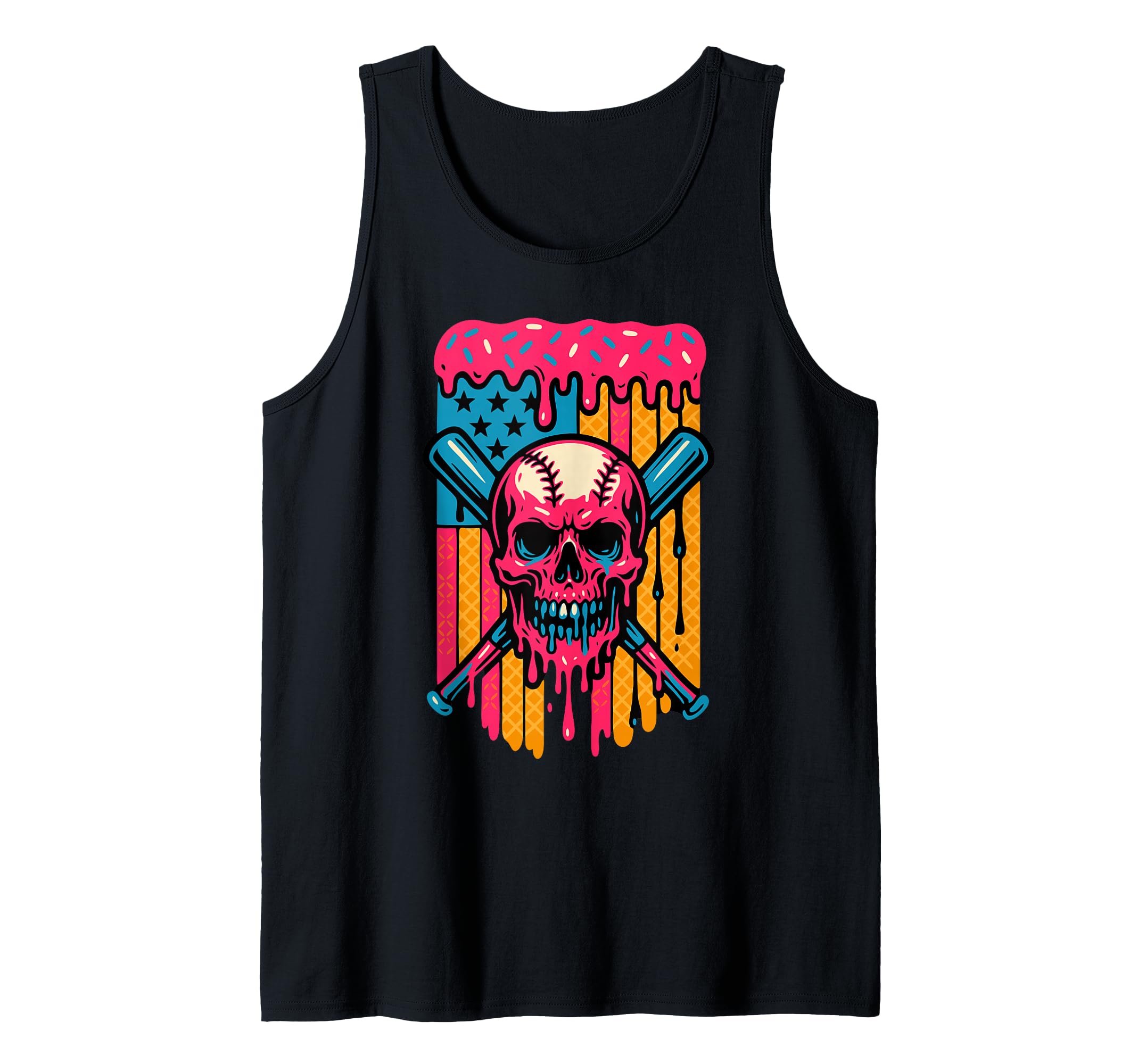 Dripping Baseball Skull USA Flag Tank Top