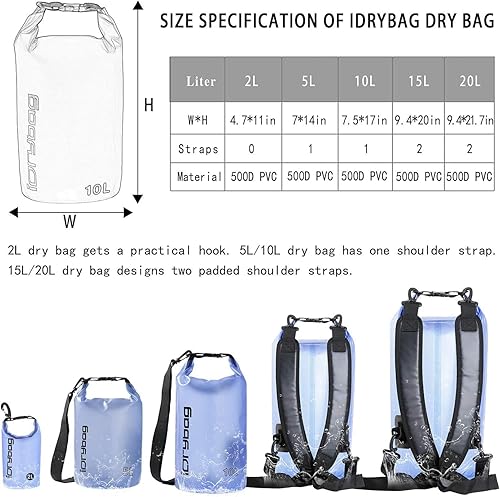 Miniatura 3 de IDRYBAG Bolsa seca transparente impermeable 2L5L10L15L20L, pequeña bolsa impermeable para kayak, saco seco flotante impermeable para viajes de
