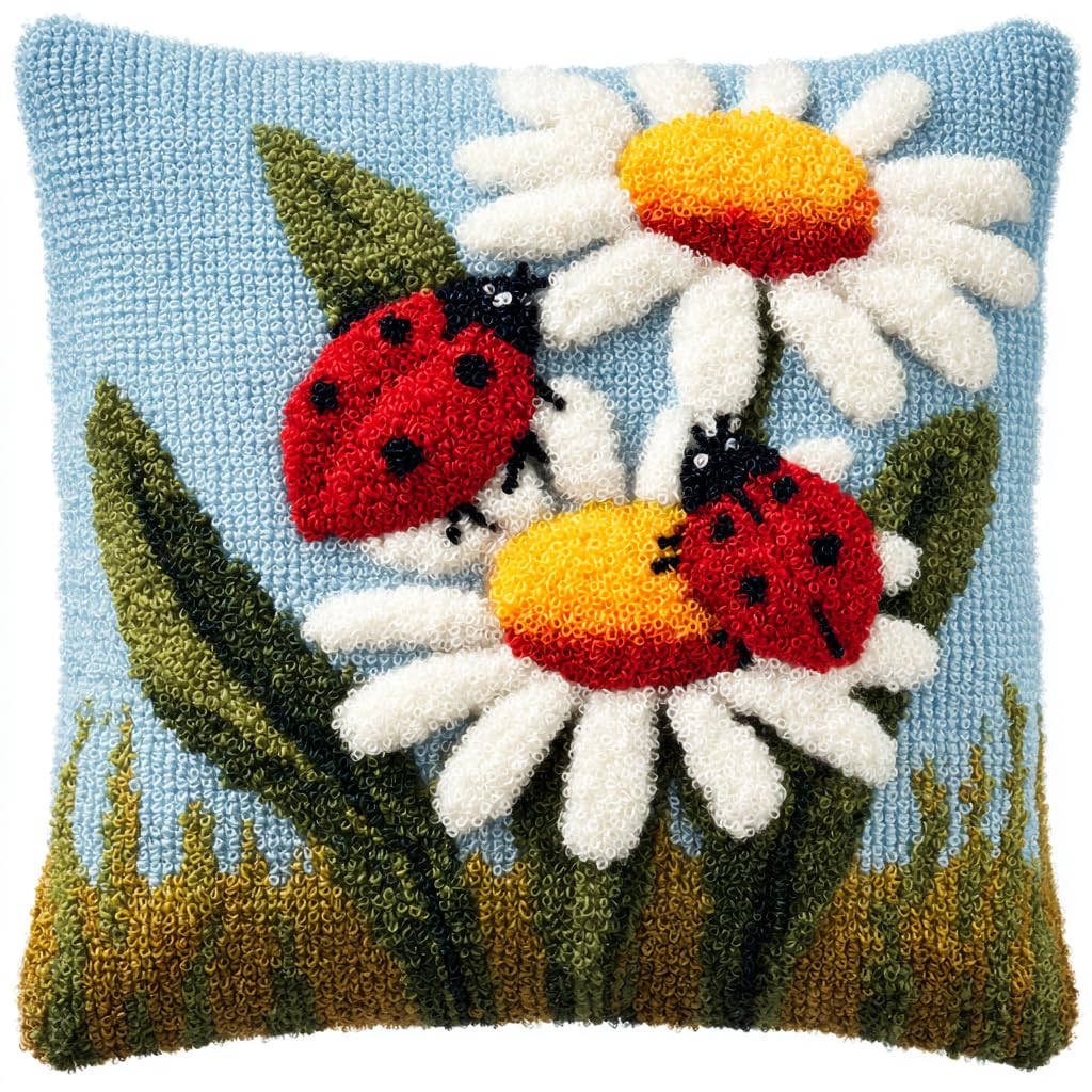 Henypt Latch Hook Pillow Kit,Latch Hook Kits, Flowers and Ladybugs