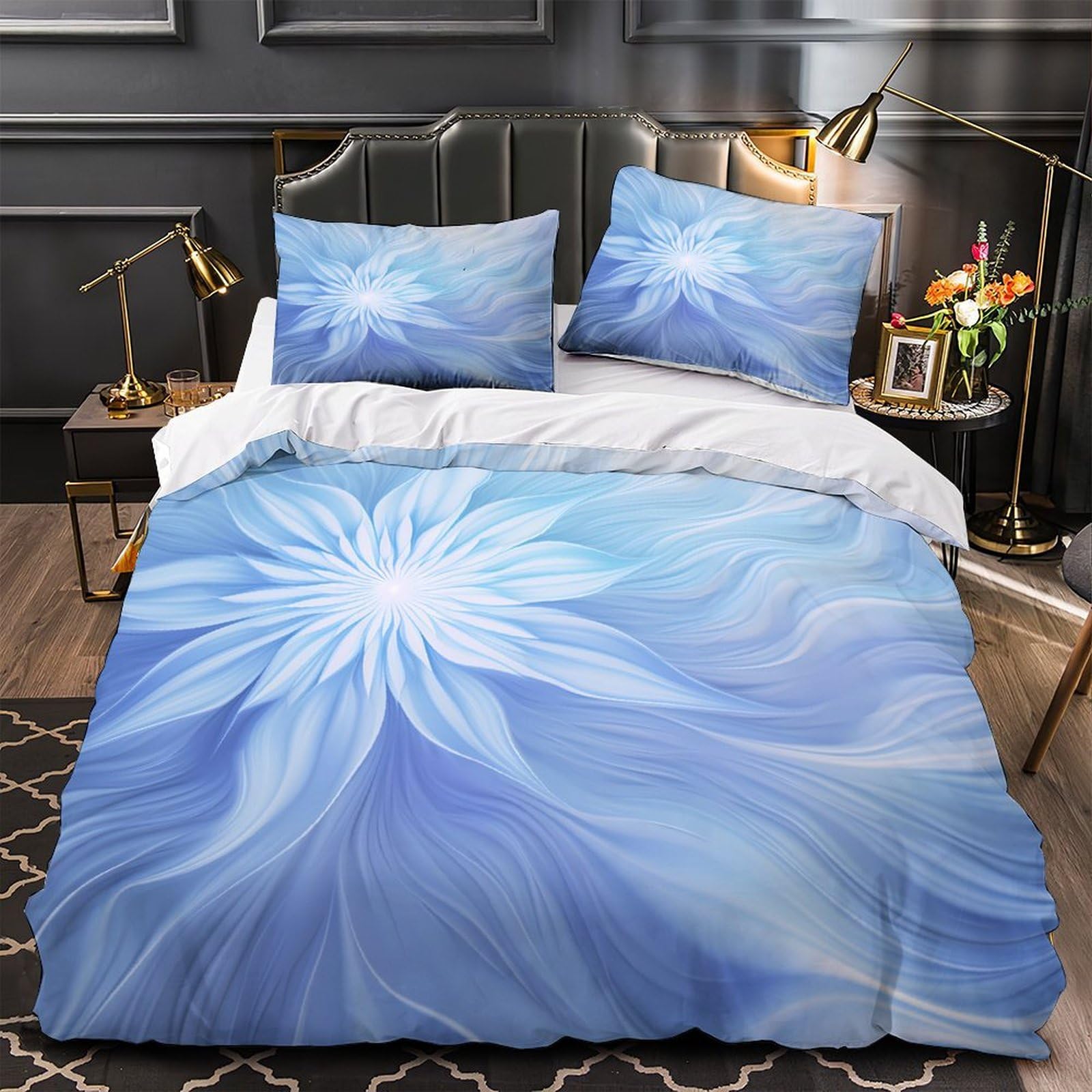 Housse de couette vintage bleue pour chambre parentale cocooning lit 2 personnes 200x200