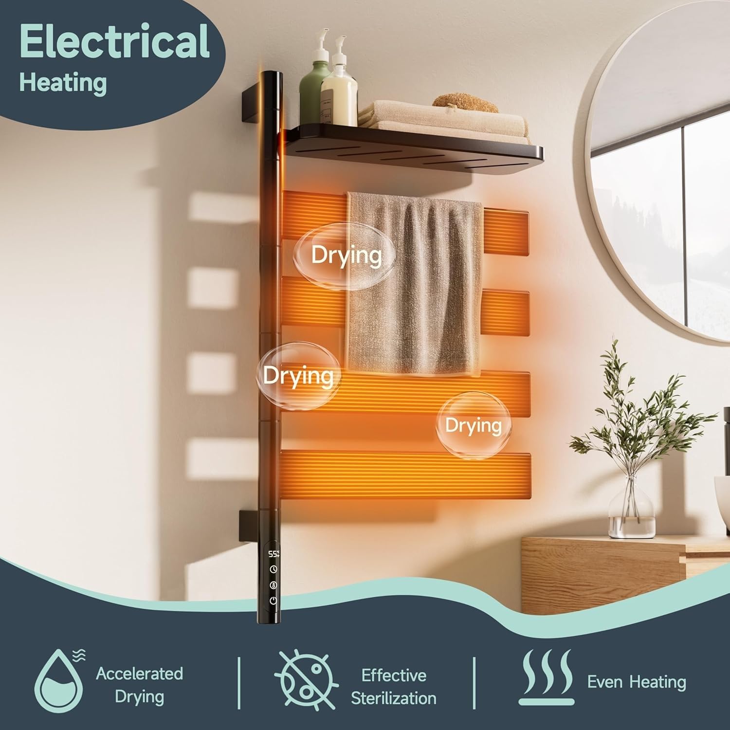 scalda Asciugamano riscaldato 80W, Rack per Montaggio a Parete con Display a LED, Temperatura Regolabile 30-70 °C, Timer 1-9H, Impermeabile IPX4, 5 Livelli per stoccaggio e Asciugatura del Bagno