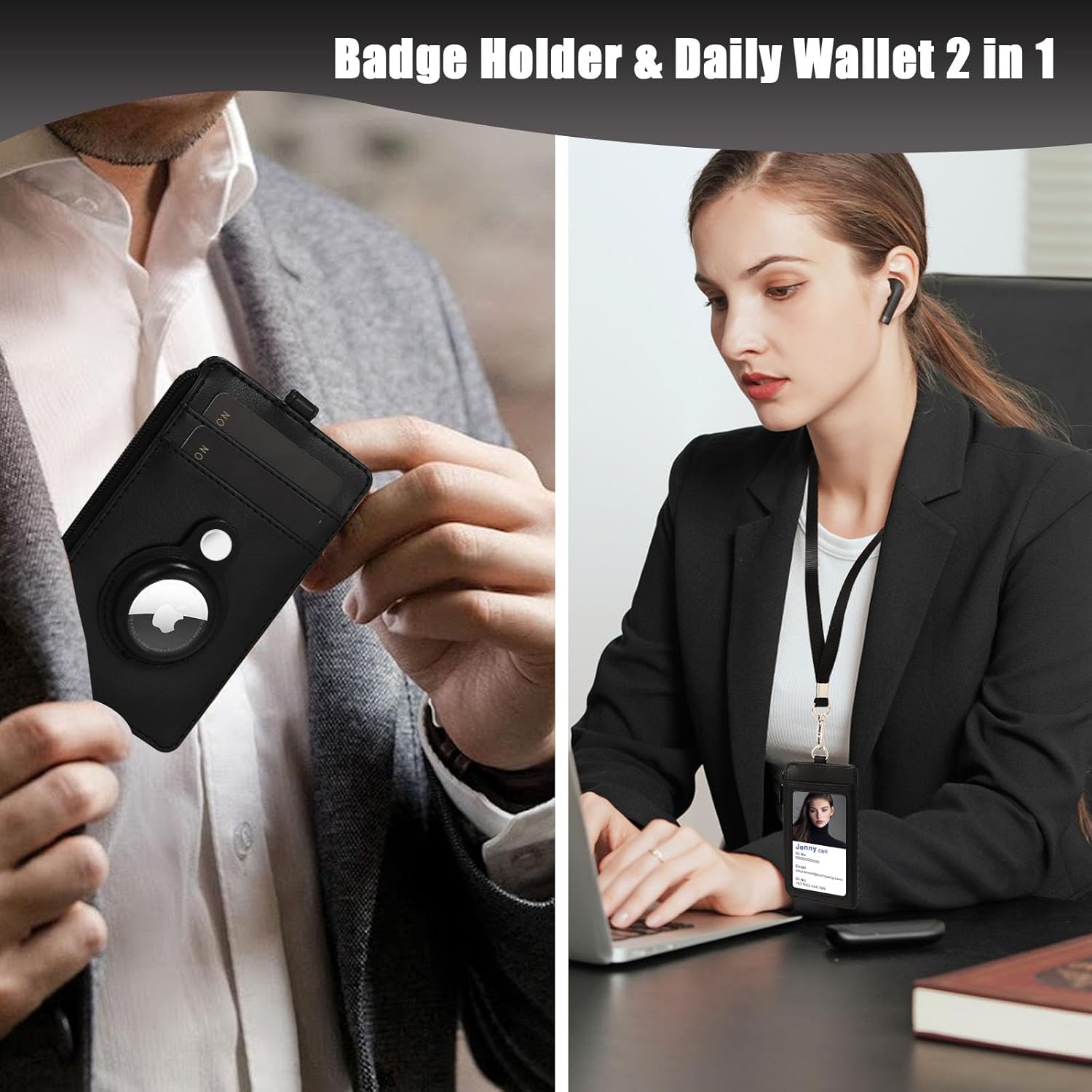 2-in-1 Airtag Badge Holder & Slim Minimalist Front Pocket Wallet, PU Leather ID Badge Card Holder with Zipper Pocket & 1 Clear ID Window & 2 Credit Card Slot & 1 Lanyard