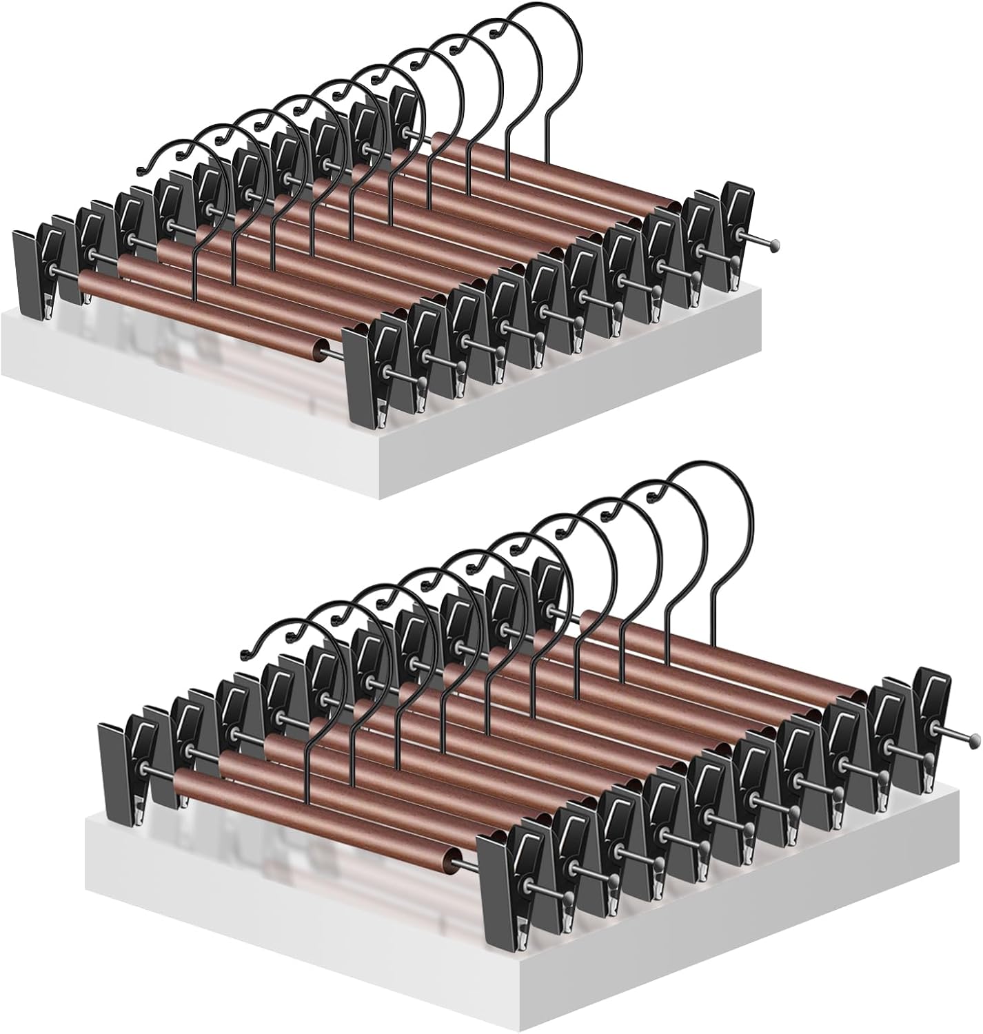 Jiang&Rong 20-Pack Wooden Hangers with Metal Clips - Adjustable Non-Slip Closet Organizers for Pants, Jeans, Skirts, Socks | Heavy-Duty Rustproof Hanger Set (Black)