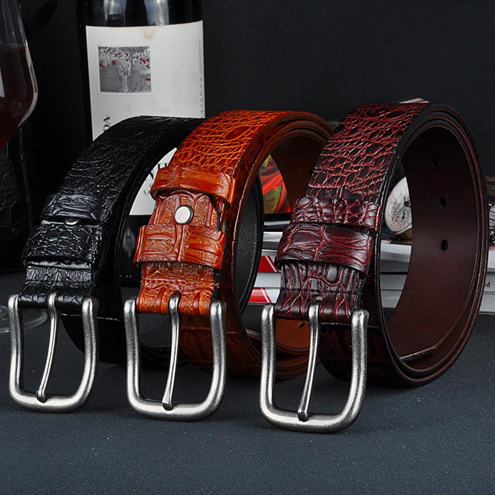 Skórzany pasek dla mężczyzn i kobiet, wzór krokodyla, skóra bydlęca, klamra kowbojska z wykończeniem niklowym (38 mm), szeroki, dostępny