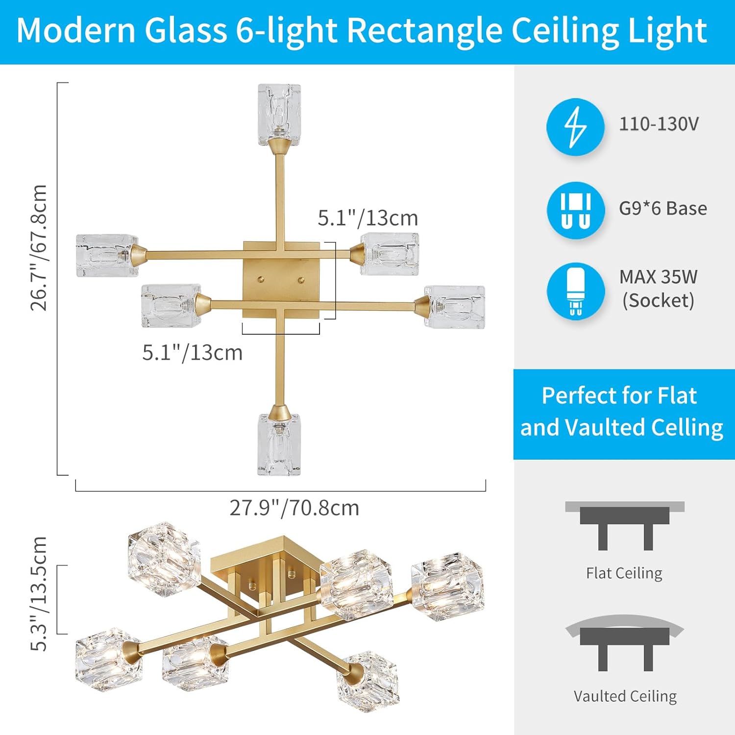 XINGQI Modern Ceiling Light Sputnik 6-Light Semi Flush Mount Ceiling Light Fixtures, Mid Century Antique Gold Chandeliers for Bedroom Dining Room Powder Room
