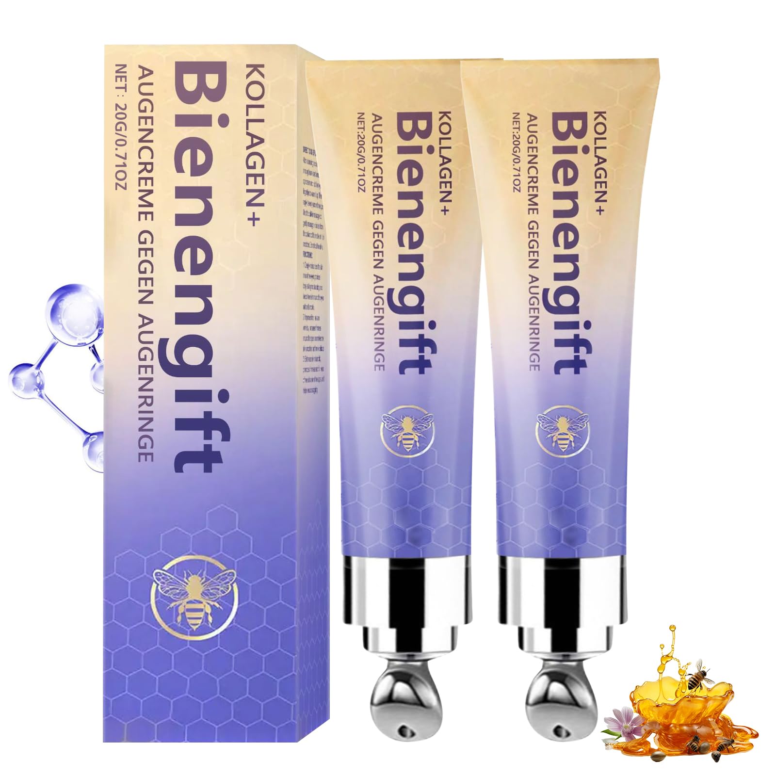 2er Set Kollagen+Bienengift Augencreme Mit Roller – Gegen Augenringe, Tränensäcke & Falten, Für Alle Hauttypen