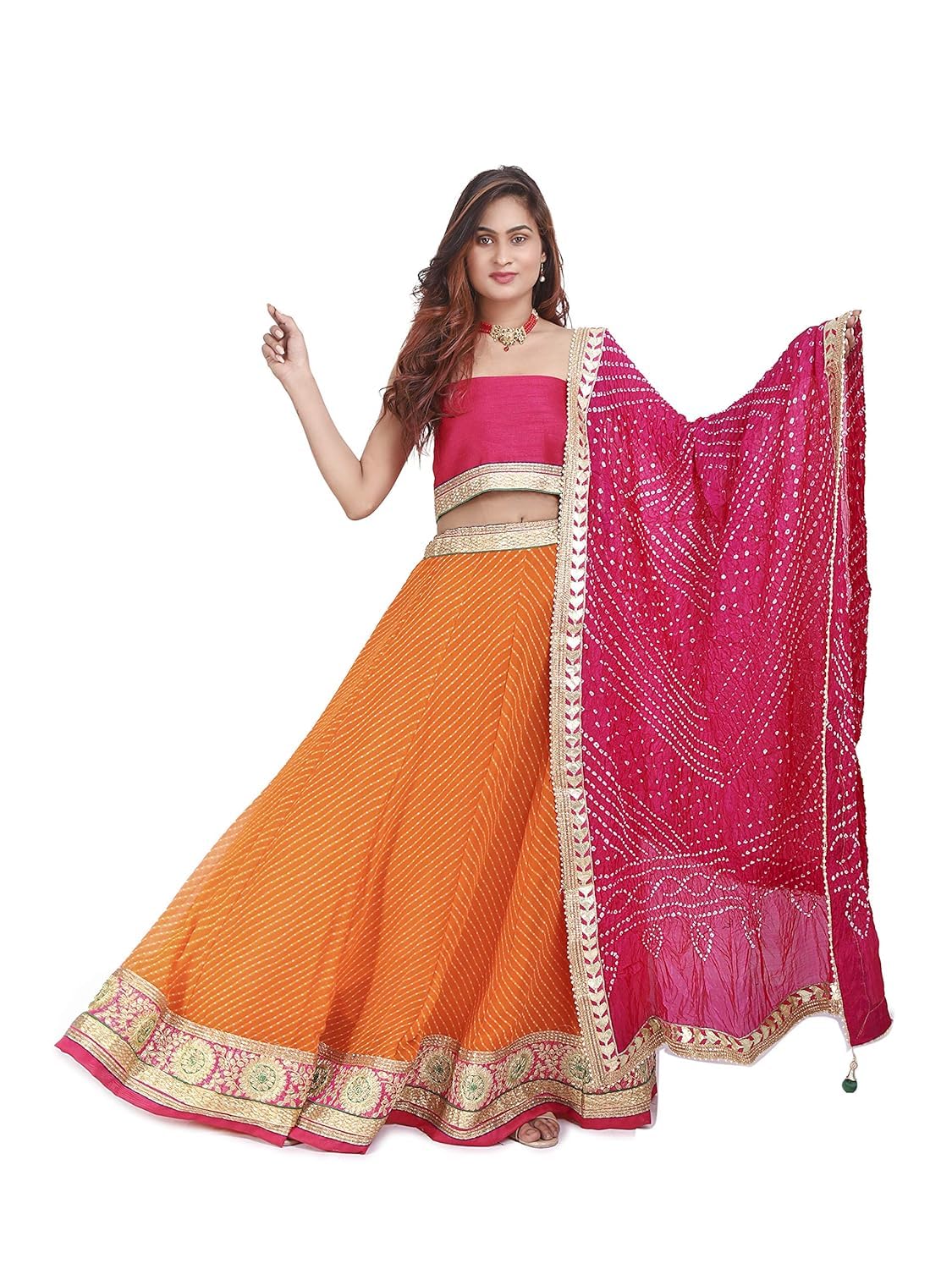 aditya impex Women's Dupion Silk Readymade Lehenga Choli Lehanga lahriya nd dupptta Bhandhej top solid colour (R-130_Orange & Rani_Free Size)-picture-18