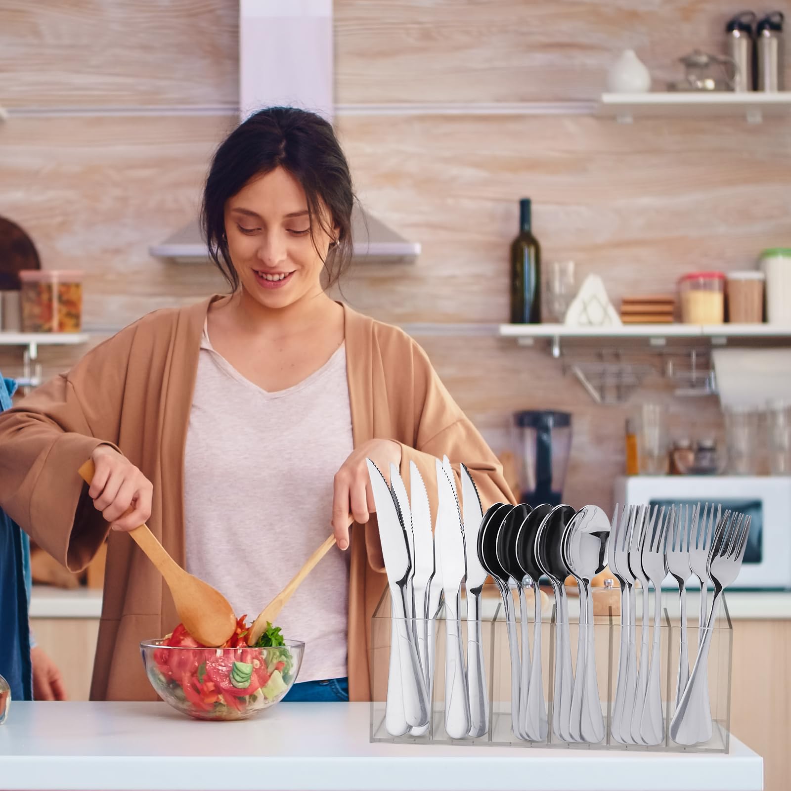 ZZDWLDHA Acrylic Cutlery Storage Organizer Holder Silverware Caddy for Kitchen Countertop -Holds Fork, Knife, Spoon, Silverware - 6 Divided Sections Transparent