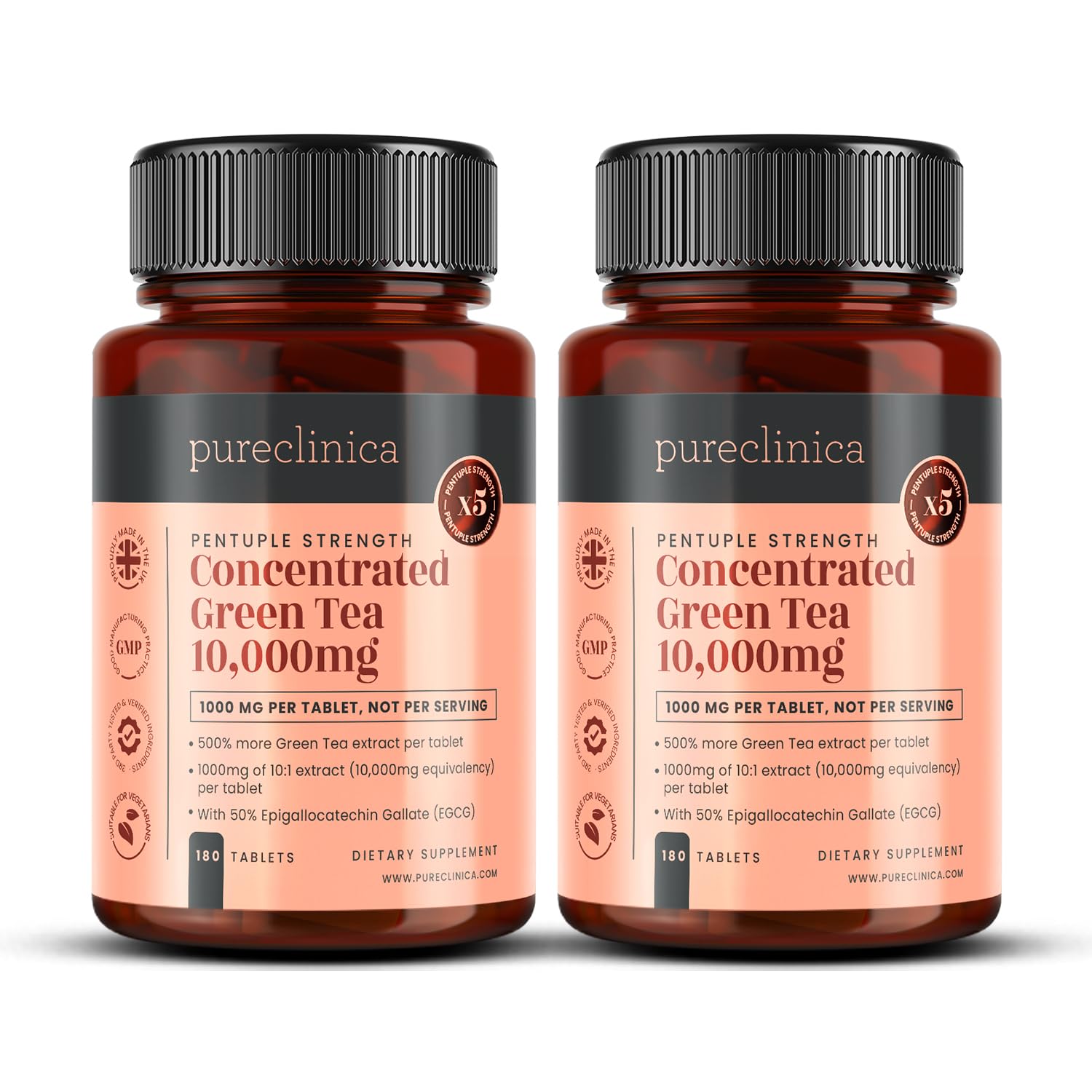 Pureclinica Hochwirksamer grüner Tee 10.000 mg x 360 Tabletten (2 Flaschen mit 180) – Vorrat für 12 Monate