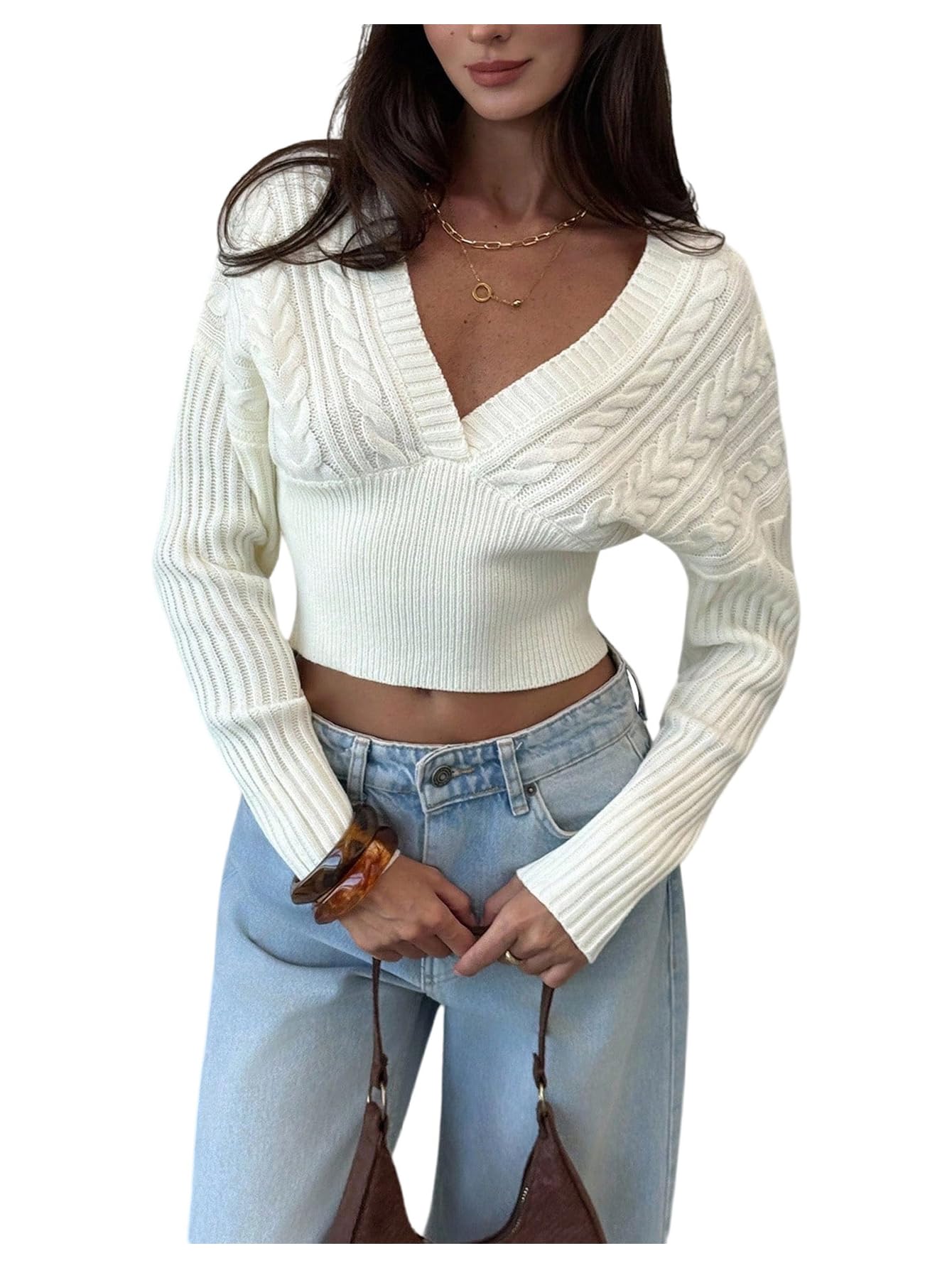 SOLY HUX Womens Deep V Neck Cropped Sweater Long Sleeve Fitted Knit Tops Pullover Fall Clothes