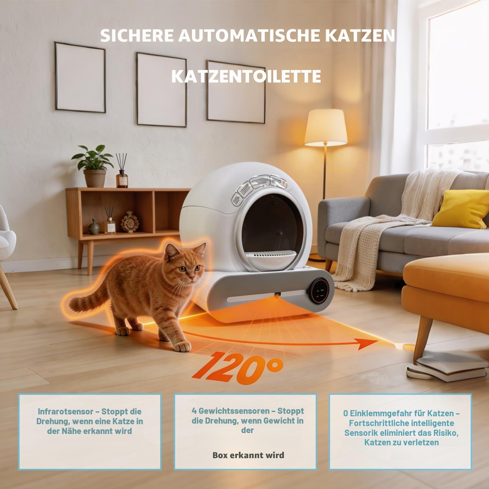 Selbstreinigendes Katzenklo 65L+9L mit App, Ionischer Desodorierer | 6 Rollen Müllsäcken 2 Filter 1 Fußmatte für Mehrere Katzen