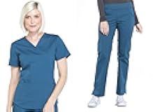 Cherokee Women Scrub Set Modern Fit 3 Pocket V-Neck Top WW665 with 6 Pocket Mid Rise Straight Leg Pants WW170