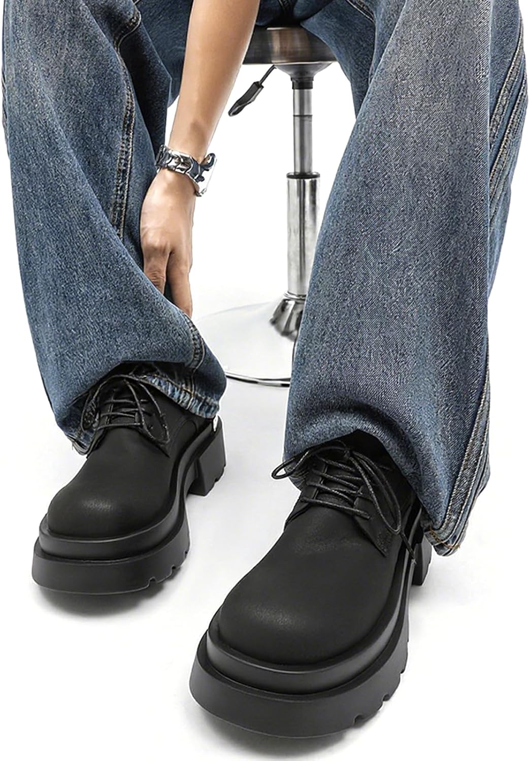 Mans Leather Platform Lug Sole Formal Oxfords Fashion Back Metal Decor Classic Wide Round Toe Thick Sole Lace Up Derby Shoes for Business Work Office Daily