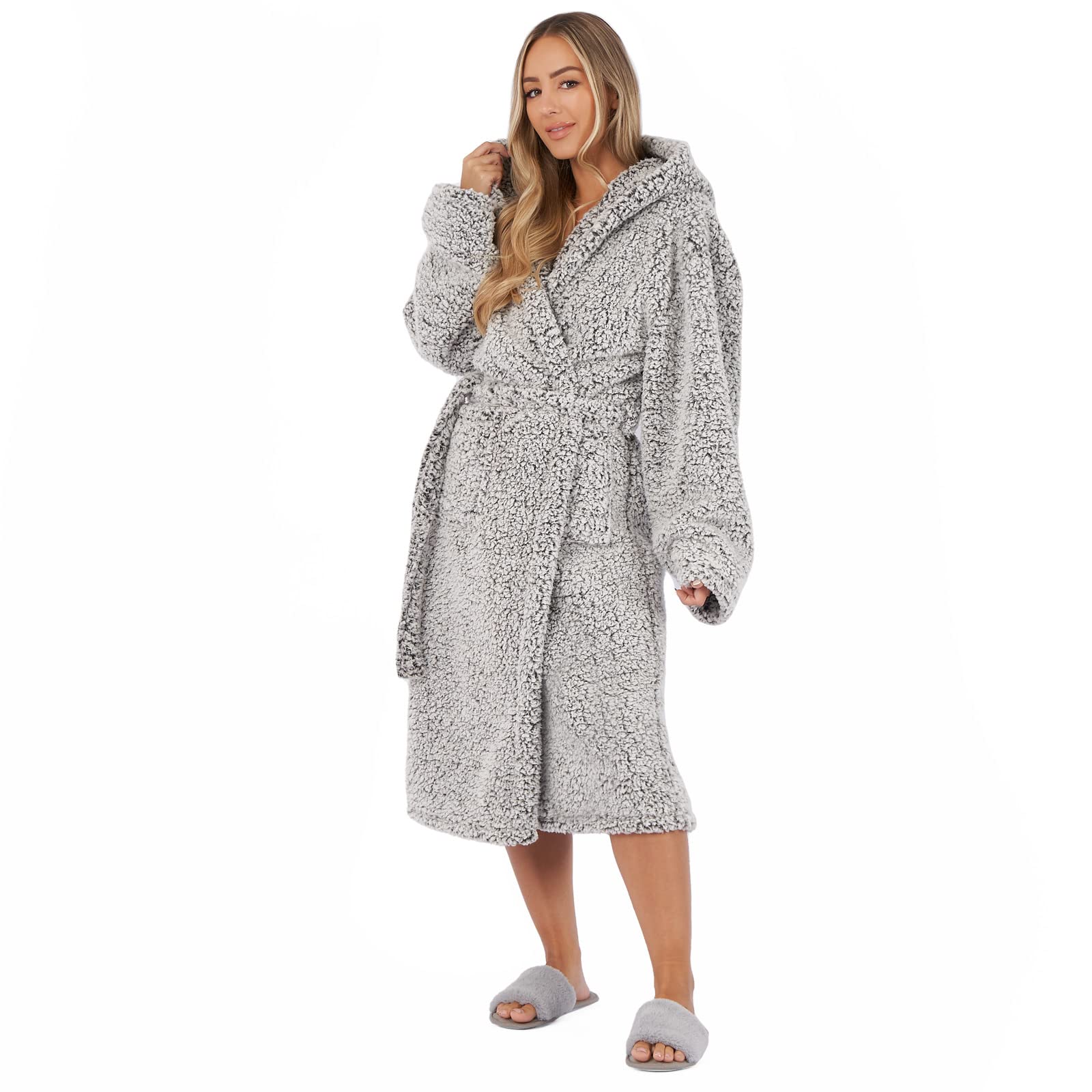 Brentfords Dressing Gown Womens Teddy Marl, Mothers Day Gifts Bathrobe with Hood & Pockets Soft Warm Comfy Luxury Oversized Fluffy Mens Dressing Gowns, Charcoal Grey One Size