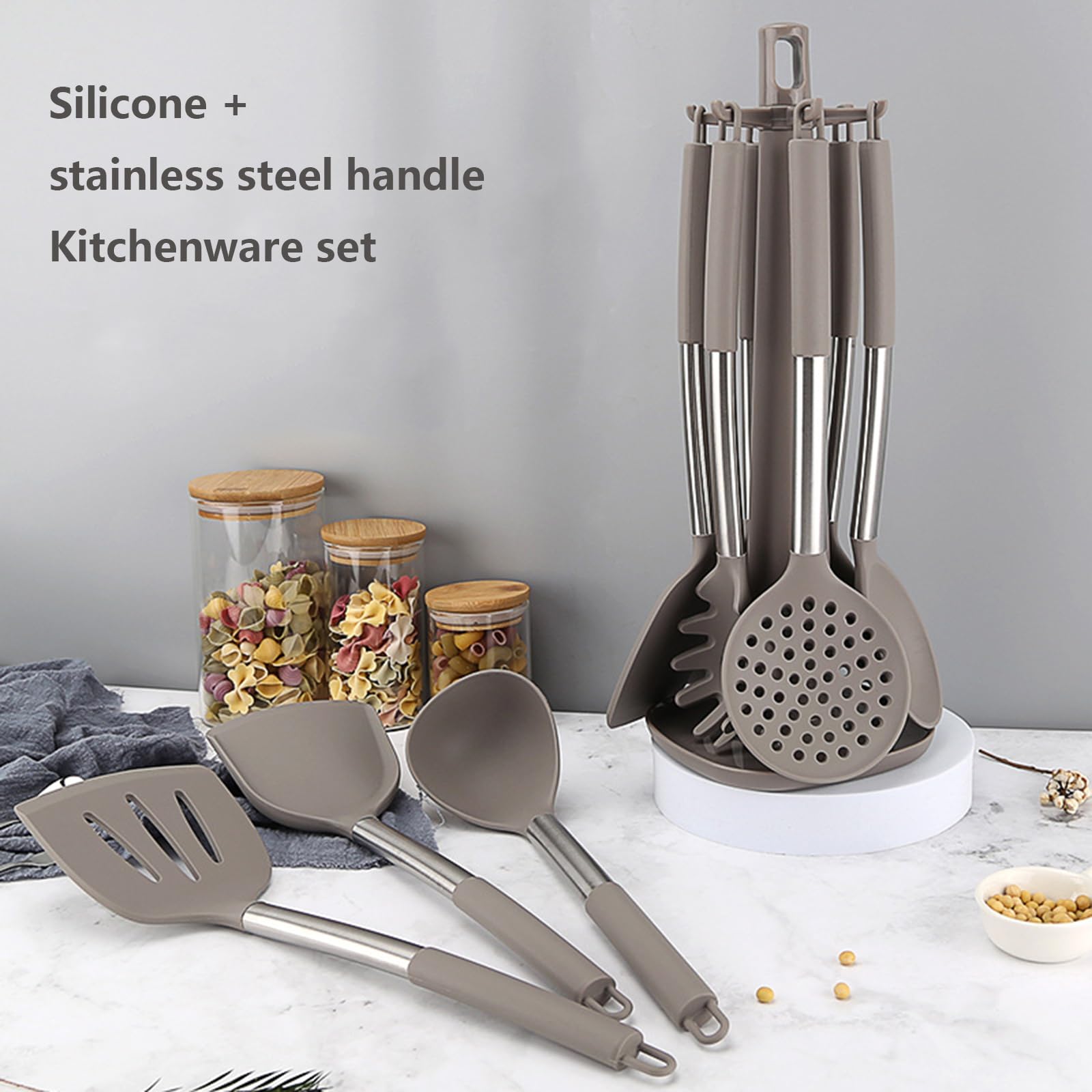 Küchenhelfer-Set aus Silikon mit Edelstahlgriff, hitzebeständige Kochutensilien, 9-teiliges Utensilien-Set mit Aufbewahrungshalter