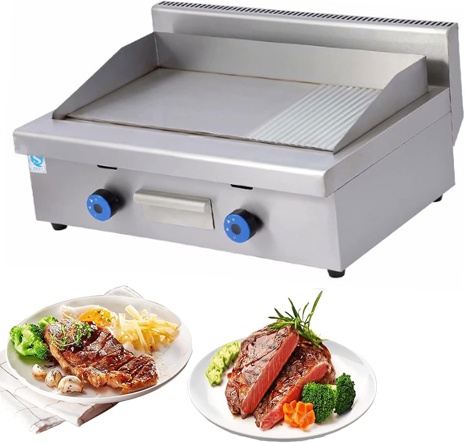 Double Gas Griddle Grill Smooth Commercial Stainless Steel Heavy Duty Restaurant Outdoor Griddle Gas Baking Plate Burger Grill (722)