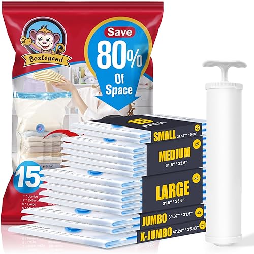 BoxLegend Bolsas de almacenamiento al vacío con bomba de mano grande, 15 combo (1X-Jumbo, 2 Jumbo, 5 grandes, 5 medianas, 2 pequeñas) bolsas gruesas