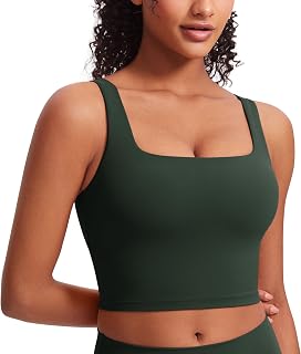 CRZ YOGA Butterluxe Womens Square Neck Longline Sports Bra - Workout Crop Tank Tops Padded Yoga Camisole with Built in Pads