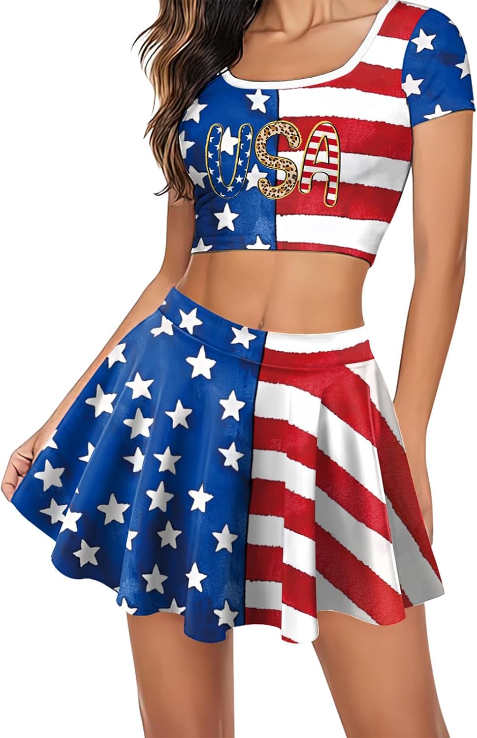 4th of July Outfits for Women Two Piece American Flag Mini Pleated Skirt with Top Crop Striped Blue Star Set
