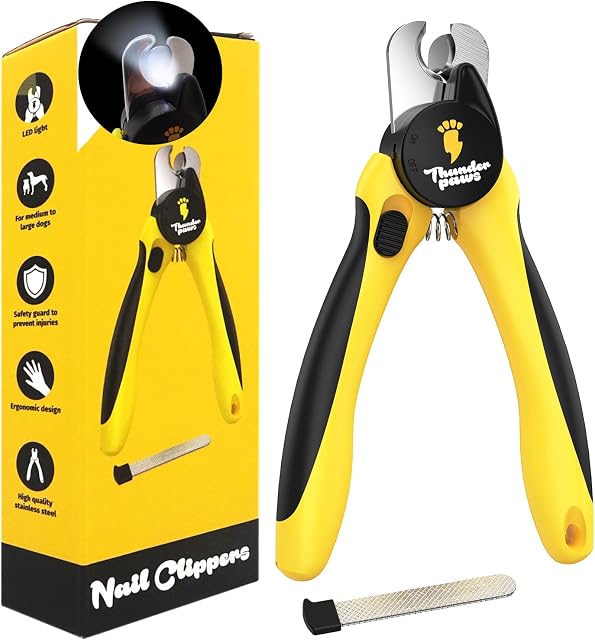 Clippers and Trimmers pour chien professionnel-grade par Thunderpaws avec garde de protection, serrure de sécurité et dossier d'ongle - Convient pour les petites, moyennes et grandes races par Thunderpaws (Jaune, de moyenne à grande race (LED))