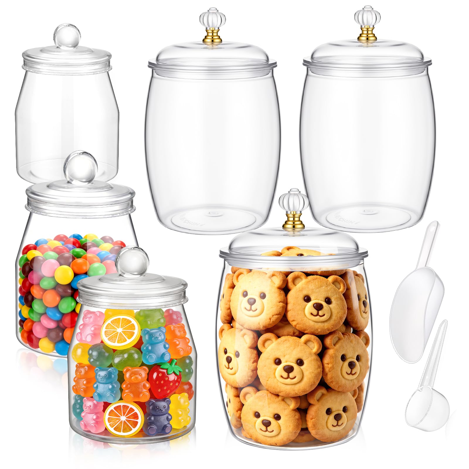 Photo 1 of Mwellewm 6pc Candy Jar with Lids and Spoons Clear Plastic Cookie Container Airtight Apothecary Storage Organization for Buffet Wedding Home Bar Decoration Festive Display and Everyday Use(35oz & 64oz)