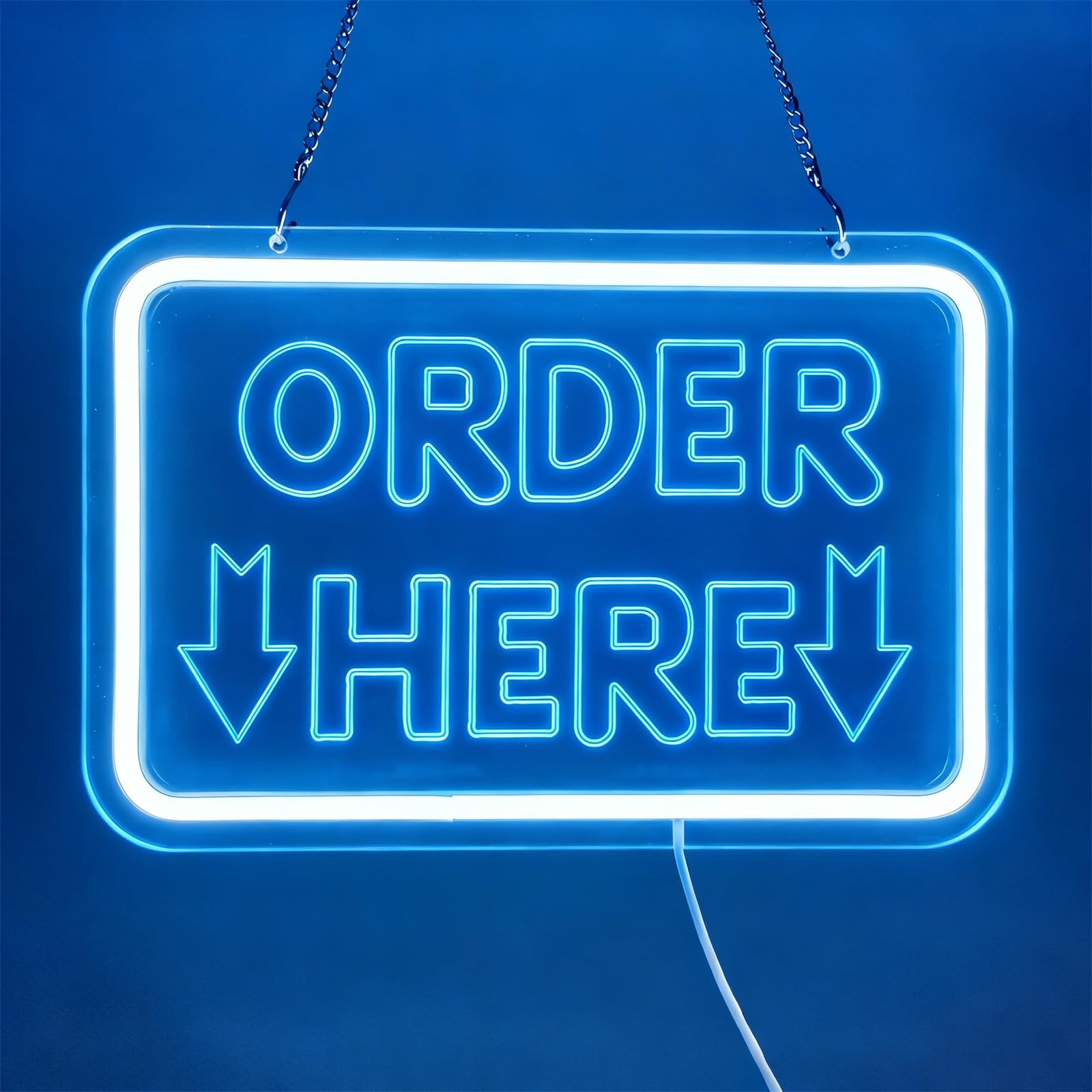 Order Here Enseigne Lumineuse néon, éclairage LED USB à intensité Variable pour Bar ou Boutique, décoration Murale pour comptoir de Caisse de Restaurant,Bleu,50x33cm