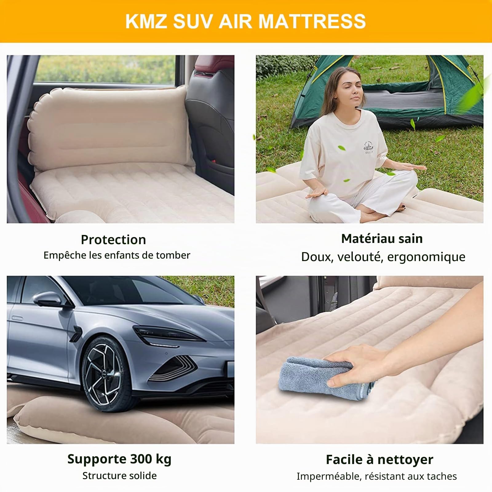 KMZ Matelas Pneumatique éPaissi Et Flocage Double Face Lit De Camping De Voyage Coussin Mobile DéDié éTendu ExtéRieur pour SièGe ArrièRe SUV (Beige Et Café)