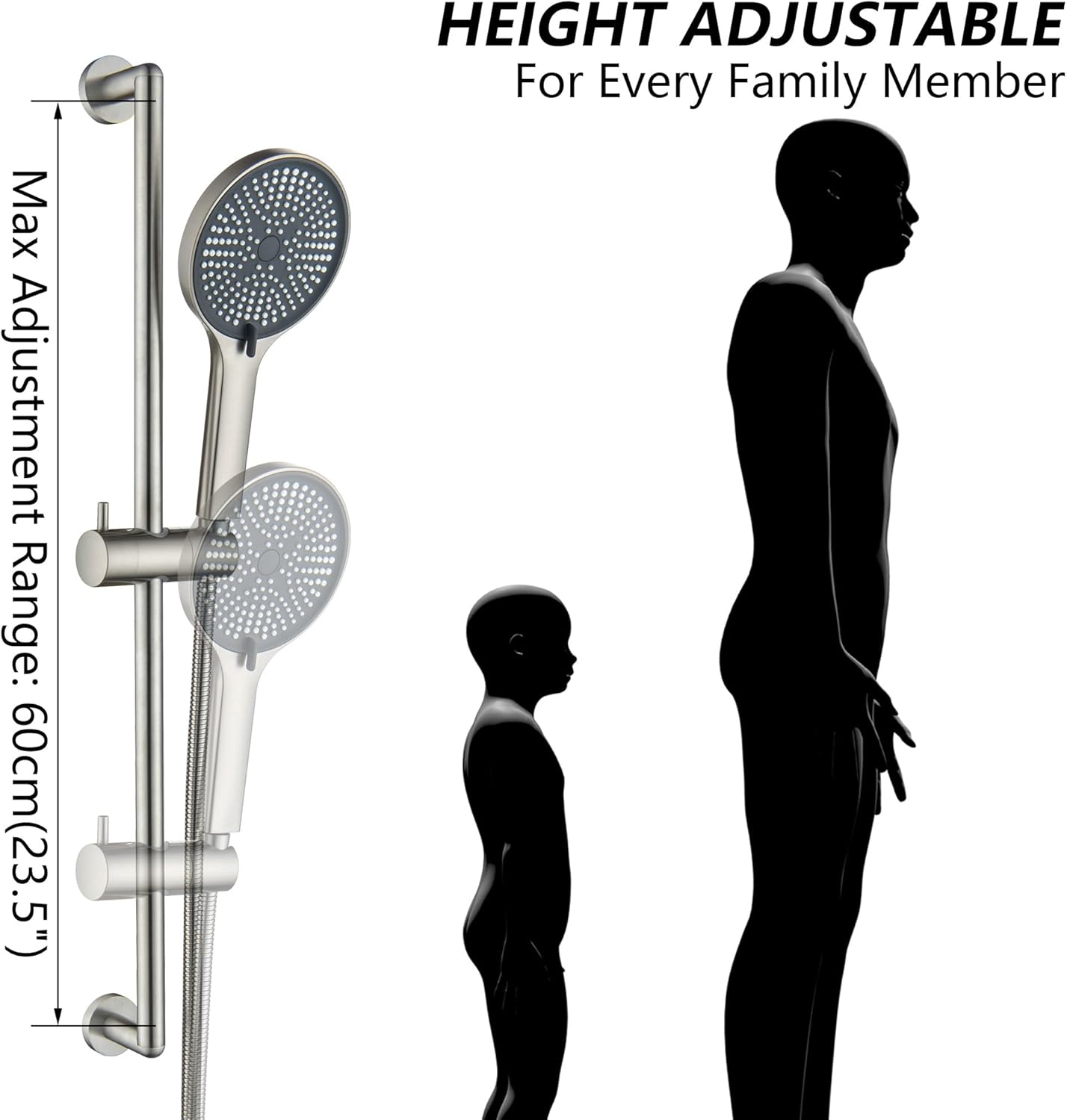 Shower Head with Slide Bar, Adjustable Shower Slide Bar with 3 Function Handheld Shower Head Stainless Steel Wall Mounted Slider Bar, Brushed Nickel