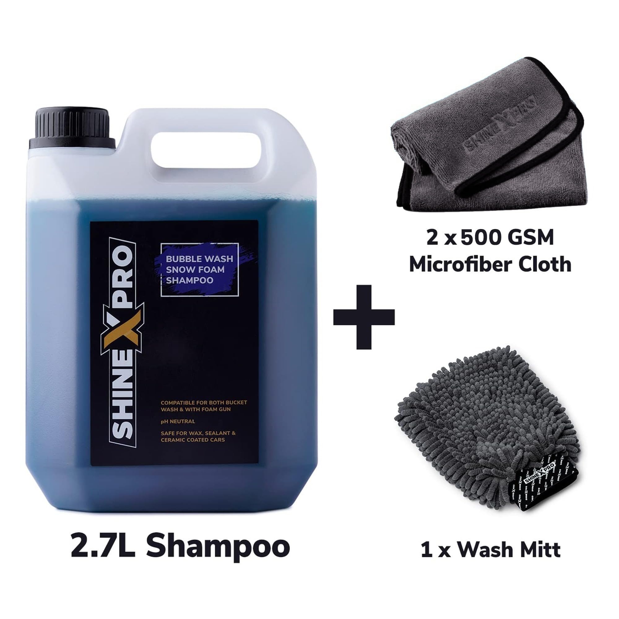 ShineXPro 2.7 Ltr Foam Car Wash Shampoo With 2Pcs 500GSM Microfiber Cloth & Wash Mitt - Thick Foam With Shine Enhancing Formula